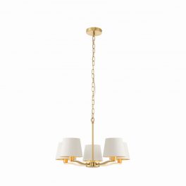   ENDON Harvey 5lt Pendant Brushed satin gold finish & vintage white fabric 5 x 40W E14 candle - ED-67734
