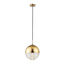   ENDON Paloma 1lt Pendant Gold effect plate & clear ribbed glass 7W LED E14 - ED-68958