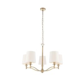   ENDON Ortona 5lt Pendant Matt antique brass plate & vintage white fabric 5 x 40W E14 candle - ED-70245