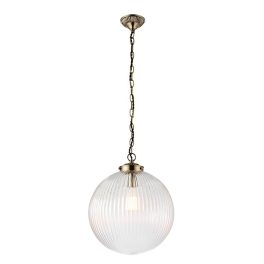   ENDON Brydon 1lt Pendant Antique brass plate & clear ribbed glass 10W LED E27 - ED-71124