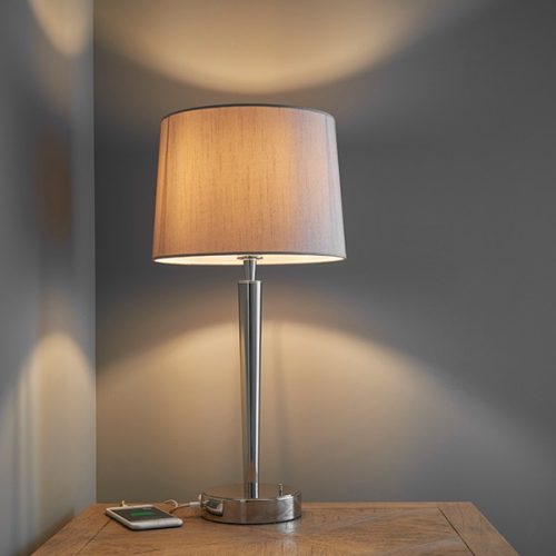 ENDON Syon 1lt Table Bright nickel plate & mink fabric 40W E14 candle - ED-72175