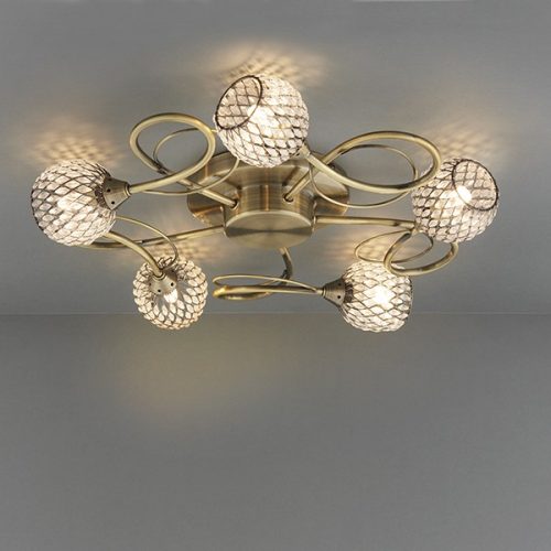 ENDON Aherne 5lt Semi flush Antique brass plate with clear glass & antique brass wire 5 x 33W G9 clear capsule - ED-73757