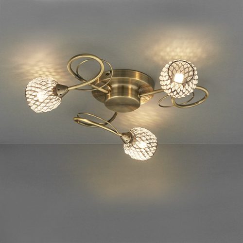 ENDON Aherne 3lt Semi flush Antique brass plate with clear glass & antique brass wire 3 x 33W G9 clear capsule - ED-73758