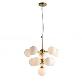   ENDON Oscar 11lt Pendant Satin brass plate & gloss white glass 11 x 18W G9 clear capsule - ED-76500