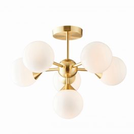   ENDON Oscar 6lt Semi flush Satin brass plate & gloss white glass 6 x 18W G9 clear capsule - ED-76501