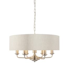   ENDON Highclere 6lt Pendant Brushed chrome plate & natural linen 6 x 40W E14 candle - ED-94357