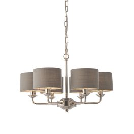   ENDON Highclere 6lt Pendant Bright nickel plate & charcoal fabric 6 x 28W E14 Eco golf - ED-94381