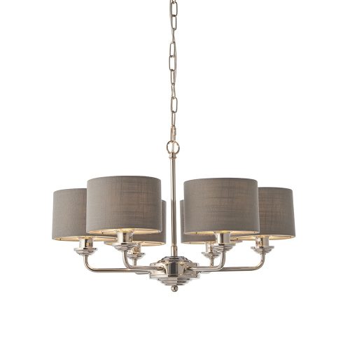 ENDON Highclere 6lt Pendant Bright nickel plate & charcoal fabric 6 x 28W E14 Eco golf - ED-94381