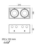 Ceiling recessed luminaire KARDAN 2, L210mm, W108mm, H80mm, BRIDGELUX LED 2x9W, 2x989Lm, 4000K, 50fok, CRI>90, 250mA, IP20, white/white color