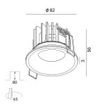 Ceiling recessed luminaire RIO, D82mm, H56mm, BRIDGELUX LED 9W, 924Lm, 3000K, 50fok, CRI>90, 250mA, IP44, white color