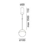 Pendant luminaire with surface base BALL M P, D100mm, H1500mm, CREE LED 7W, 700mA, 590Lm, 3000K, CRI>90, IP20, black color