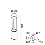 Bollard BARD6, D140mm, H600mm, Bridgelux LED 18W, 2700K, 360fok, 685Lm, 877Lm, CRI>90, AC 220-240V, IP65, graphite color