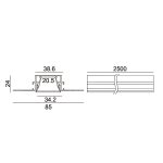 PROFILE CENTRAL 2. L2500mm, h24mm, w85mm. Anodization silver color, opal cover, end cap 2pcs, IP20